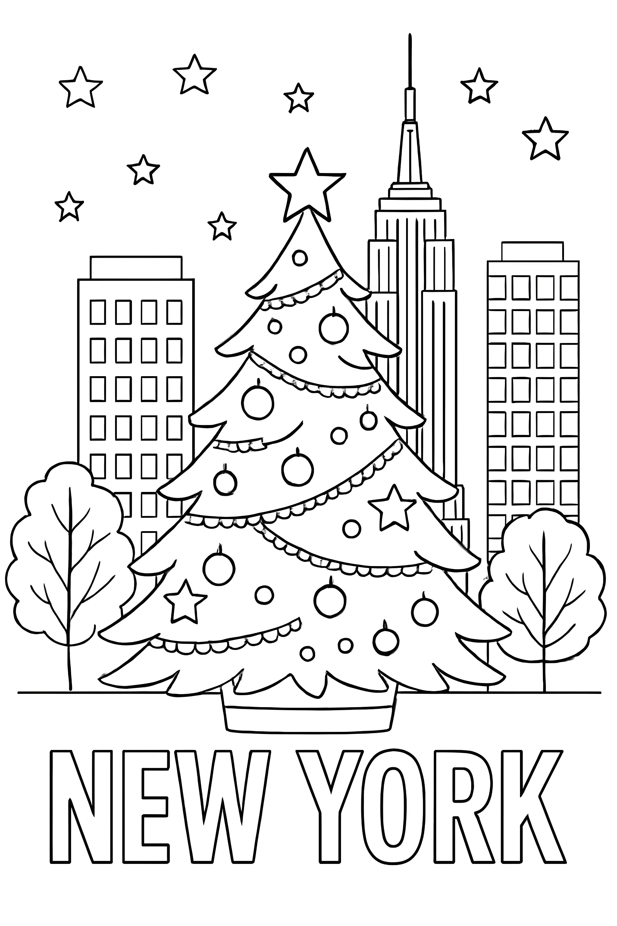 Coloring page featuring a decorated Christmas tree in front of the NYC skyline, including the Empire State Building and city buildings, with stars in the sky