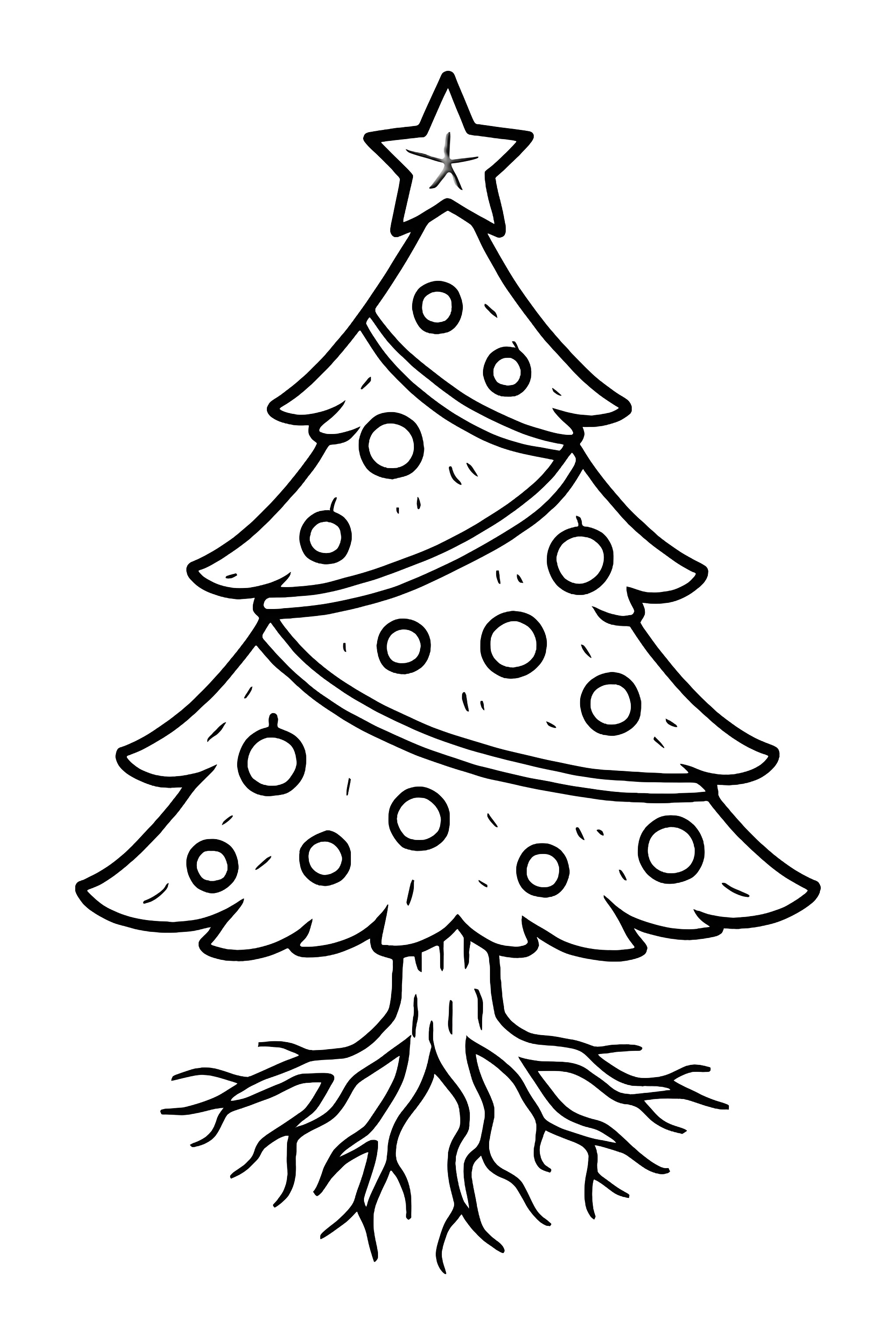 Coloring page featuring a Christmas tree adorned with ornaments, a star on top, and visible roots extending below the trunk.