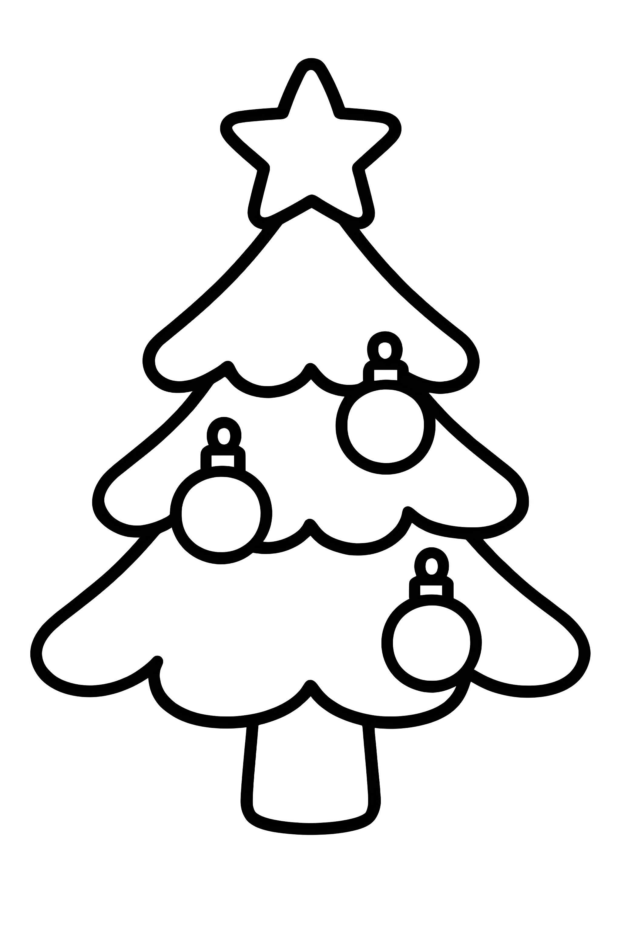 Coloring page featuring a Christmas tree adorned with a star on top and simple baubles hanging from its branches