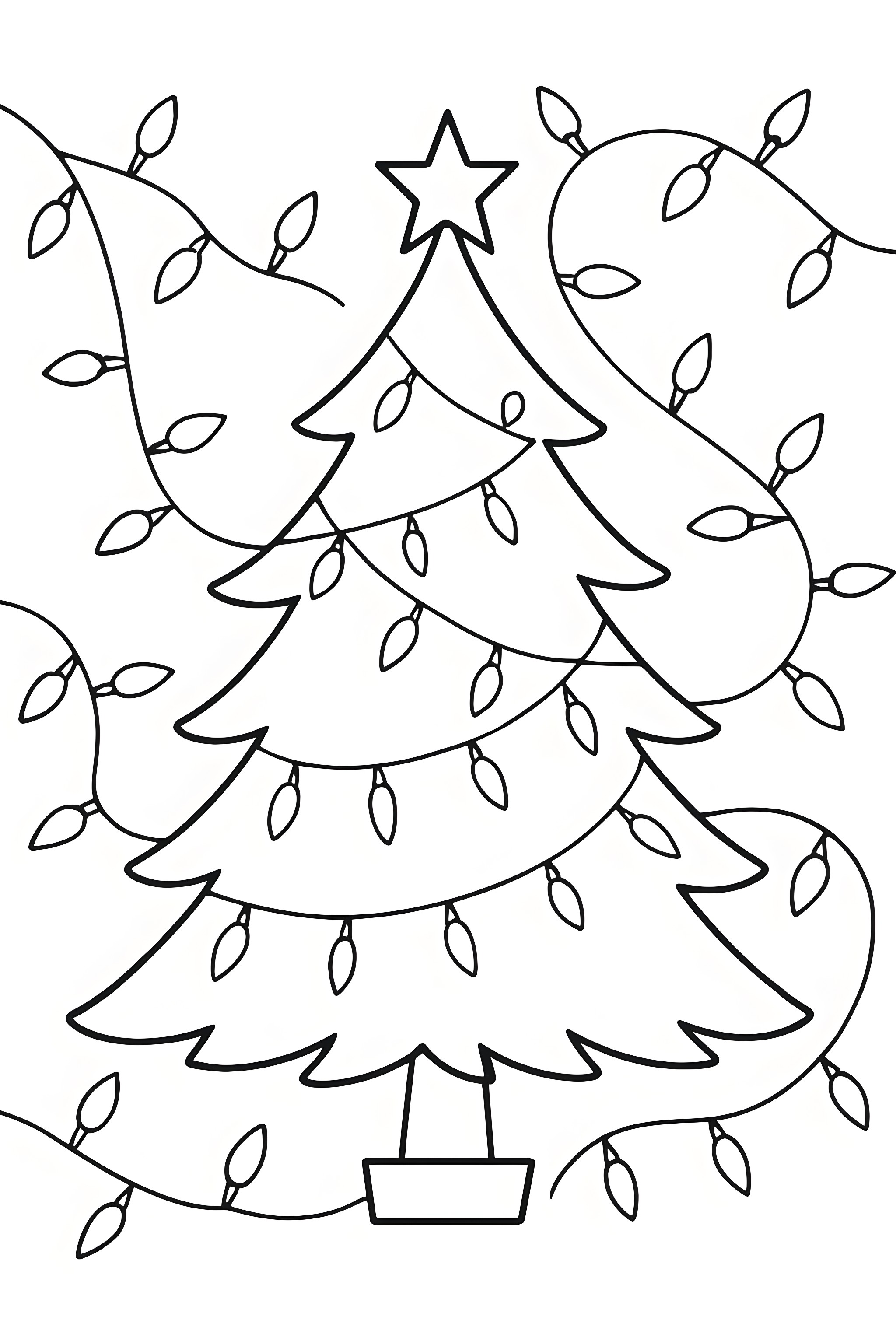 Coloring page featuring a Christmas tree adorned with fairy lights and a star on top, surrounded by swirling light strands