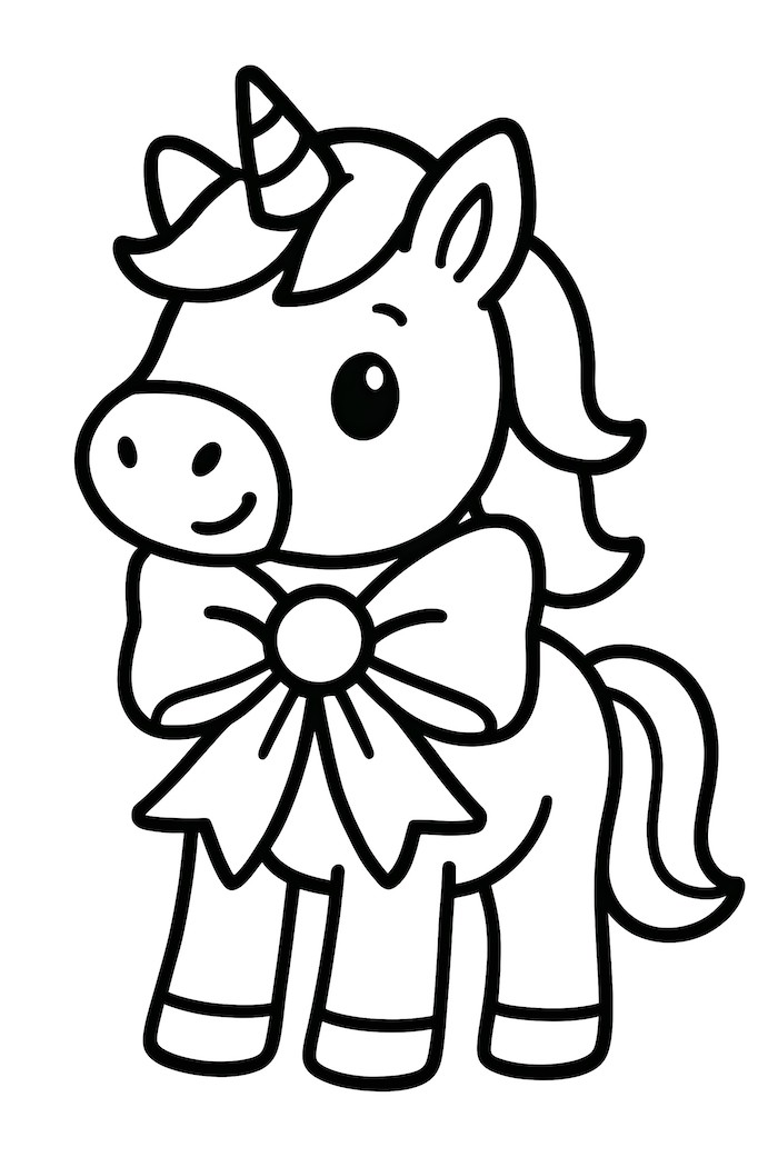 Coloring page of a unicorn adorned with a large Christmas bow around its neck, featuring a spiraled horn and a cheerful expression