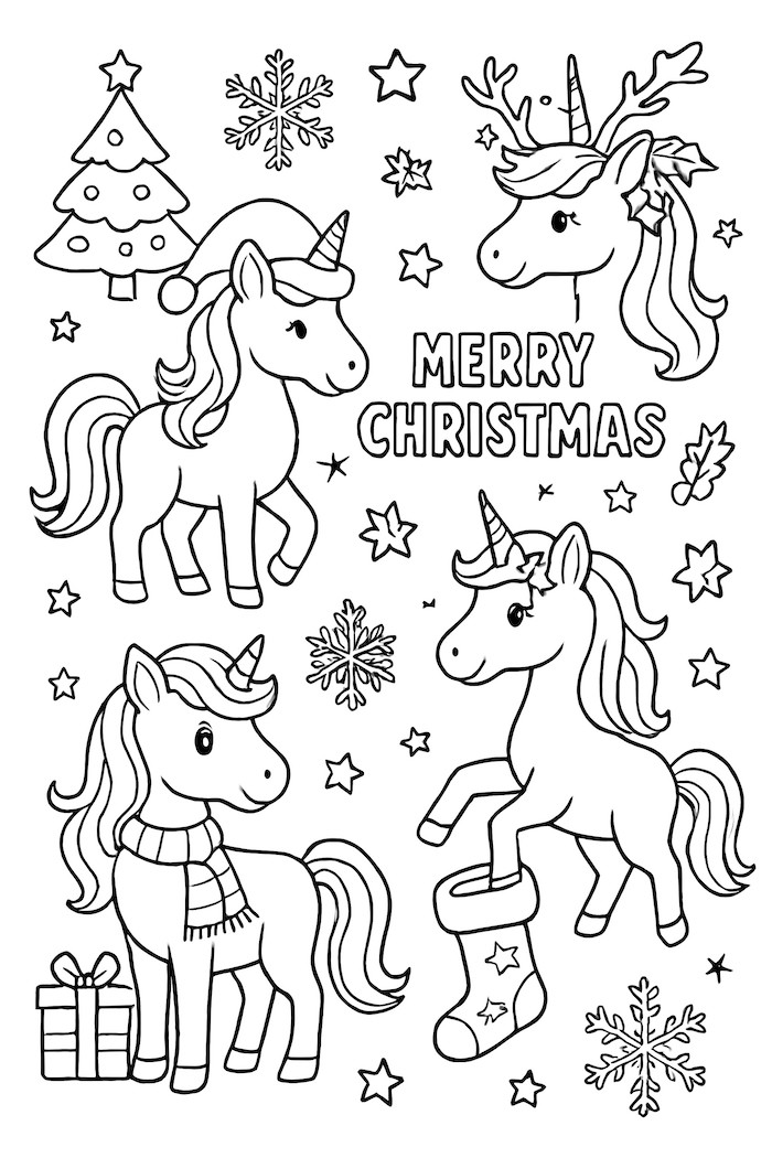 Coloring page featuring various unicorns adorned with Christmas hats, scarves, and surrounded by festive symbols like snowflakes and a Christmas tree