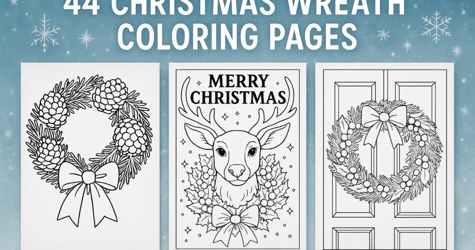 A horizontal blog header image displaying three black-and-white Christmas wreath coloring pages against a snowy blue winter background, with the title “44 Christmas Wreath Coloring Pages” at the top. Each coloring page features a different wreath design, including pinecones, holly, and a reindeer illustration.