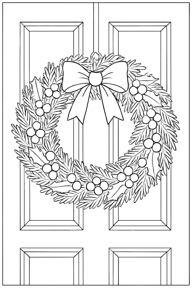 Coloring page of a festive Christmas wreath with a bow, vivid foliage, and berries hanging on a door