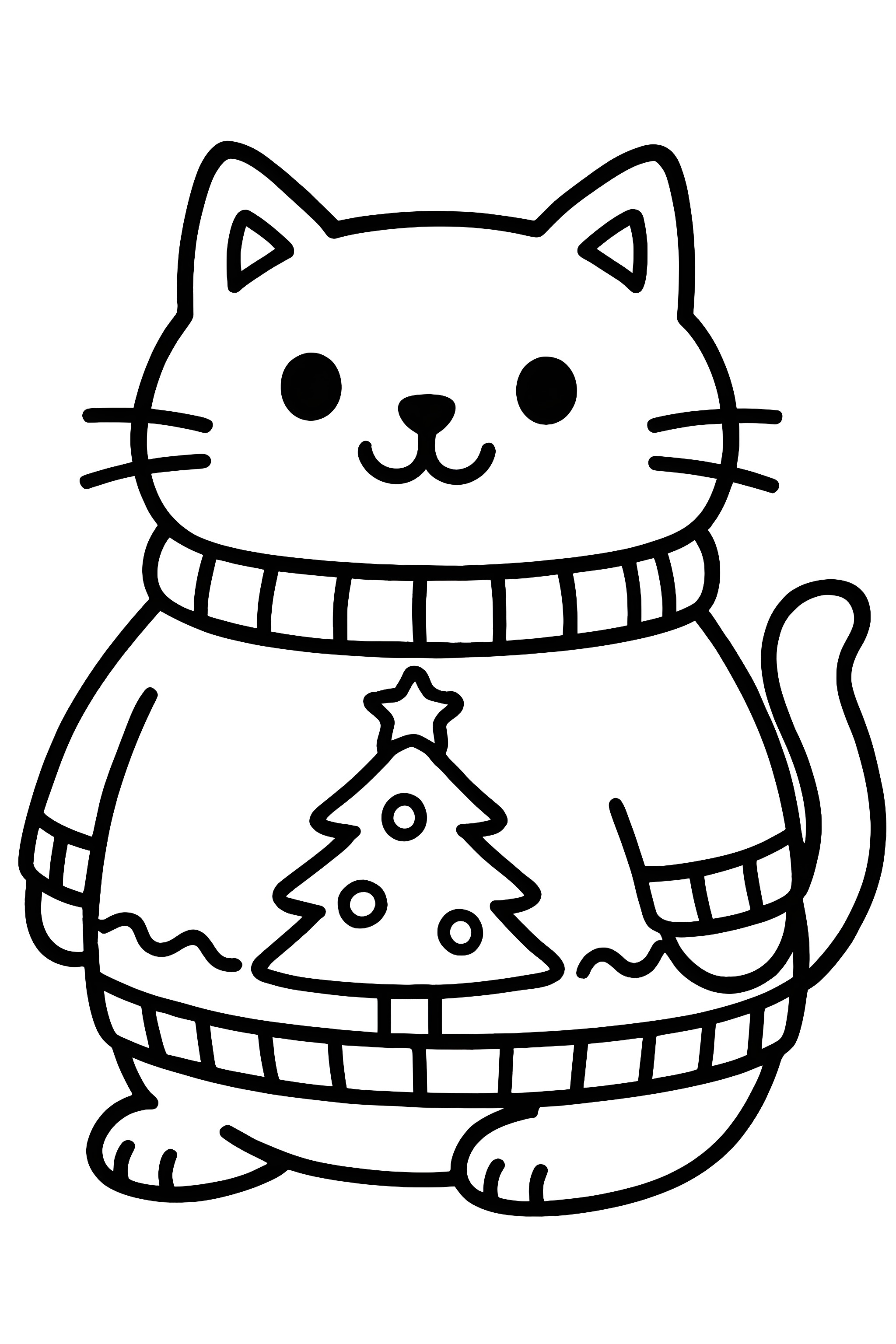 Coloring page of a chubby cat wearing a Christmas sweater with a tree design and a smiling face