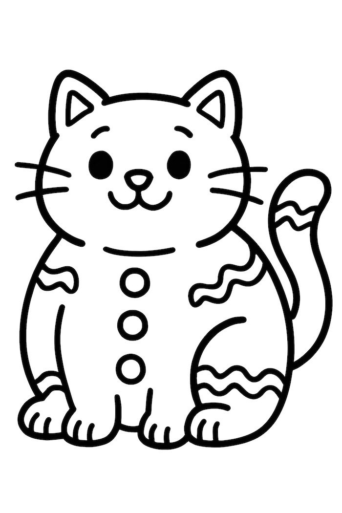 Coloring page of a chubby gingerbread cat featuring a playful expression and decorative frosting stripes