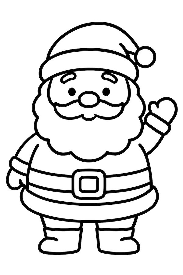 Coloring page of a chubby Santa Claus waving while wearing a traditional red suit and black belt