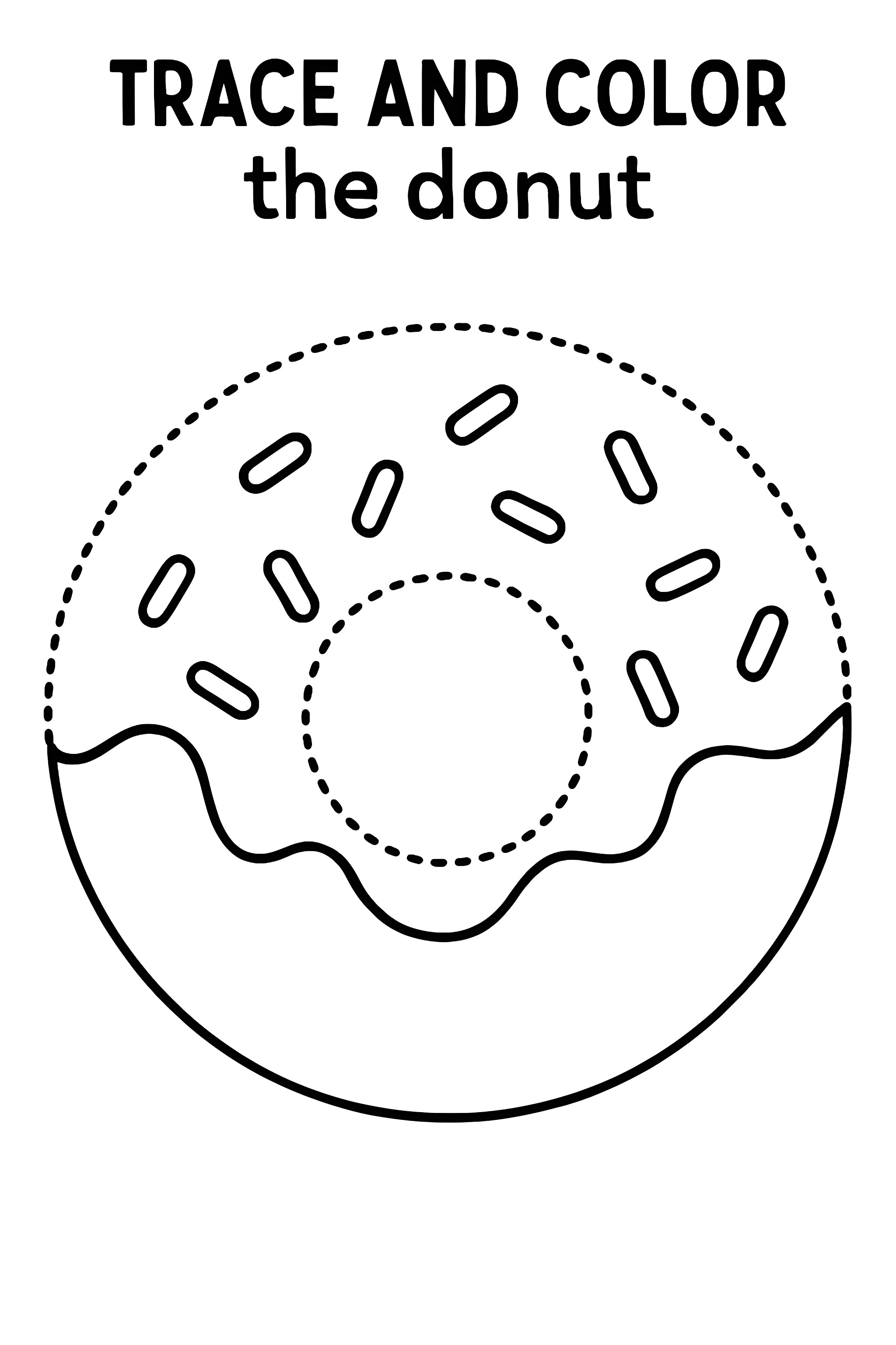 Coloring page featuring a chunky donut with a dotted outline for tracing, topped with sprinkles and icing