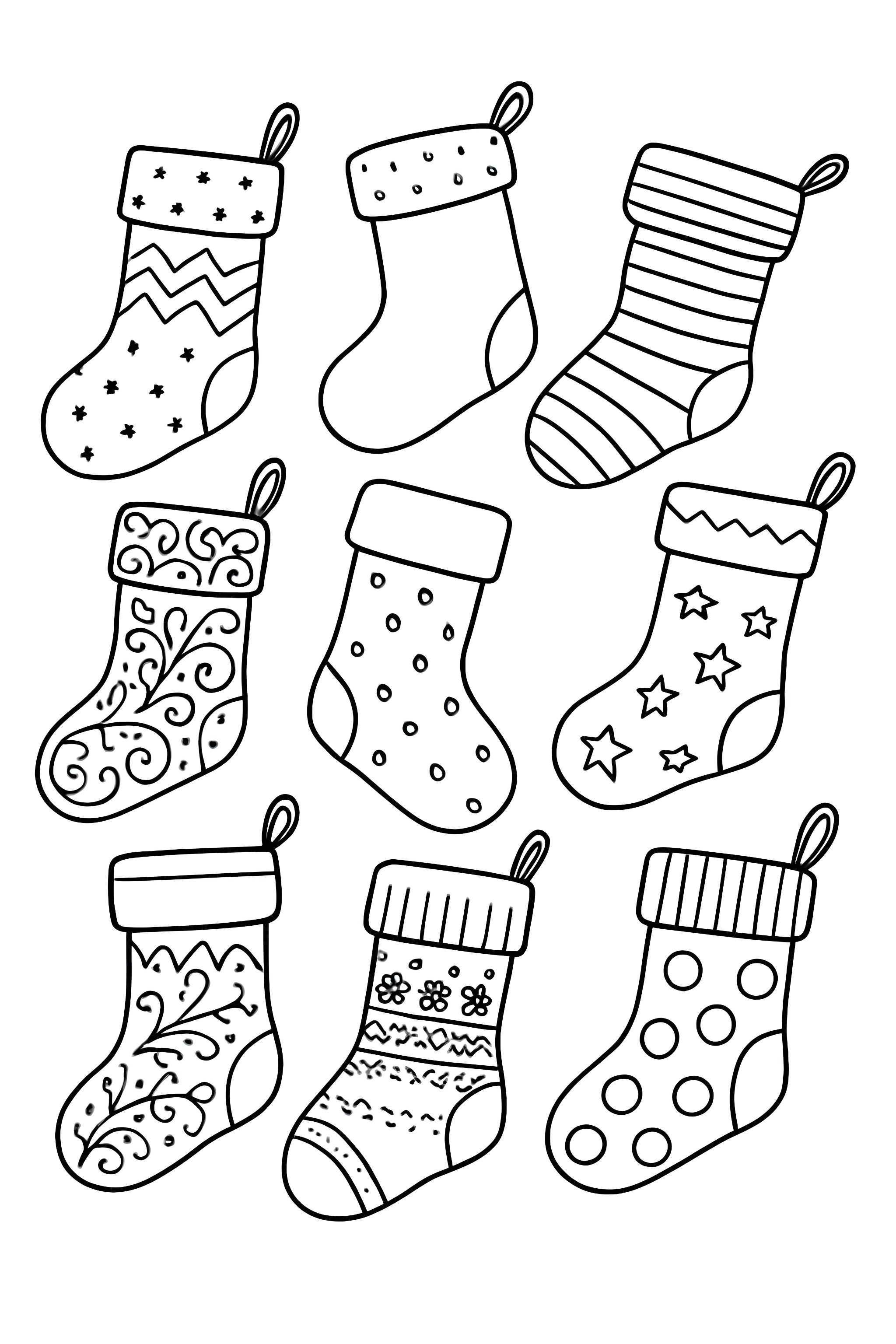 Coloring page featuring a circle of various Christmas stocking designs with intricate patterns and textures