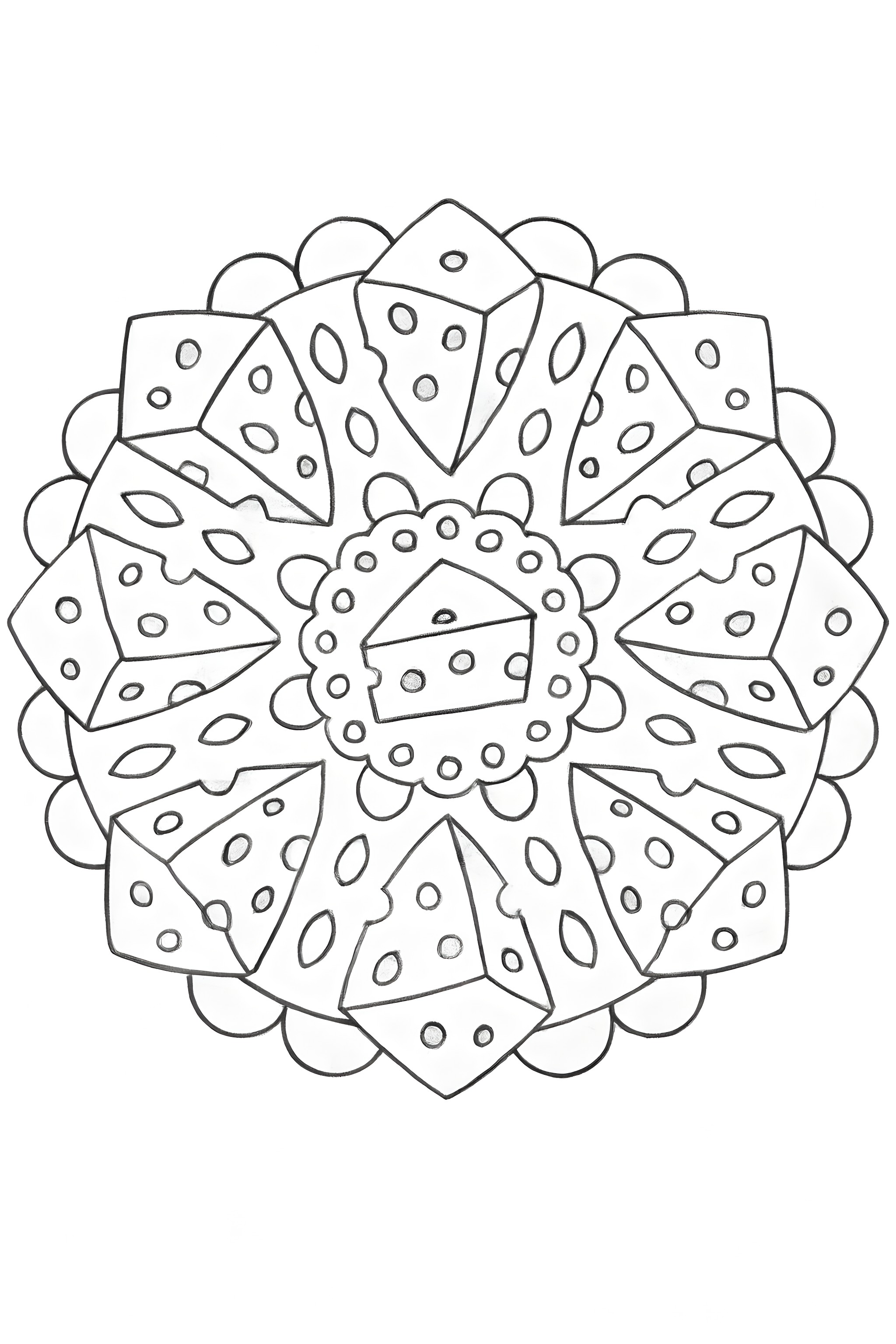 Coloring page featuring a circular mandala pattern made up of cheese wedges with holes and a central cheese slice.