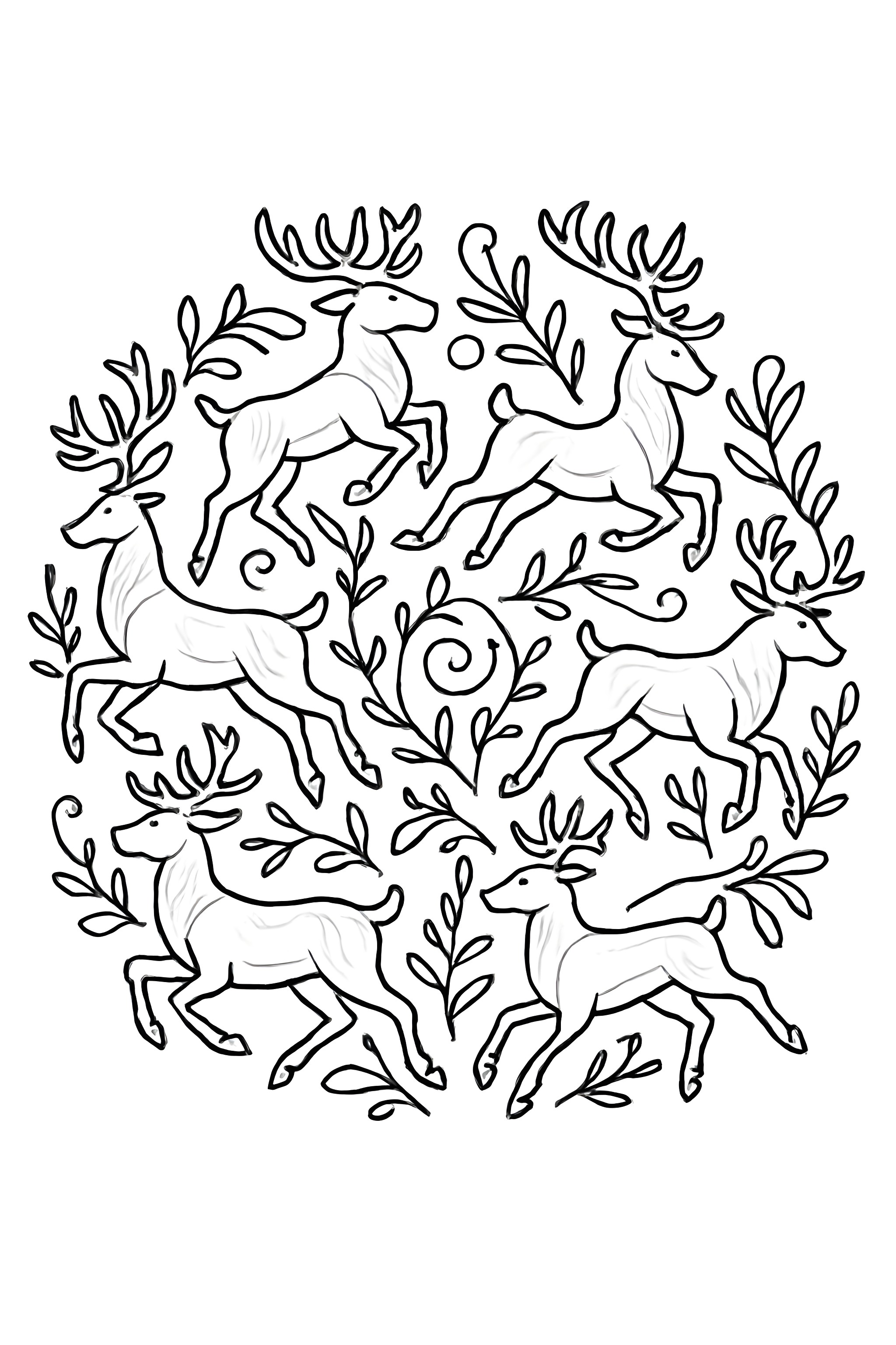 Coloring page featuring a circular arrangement of reindeer silhouettes embellished with foliage and decorative swirls