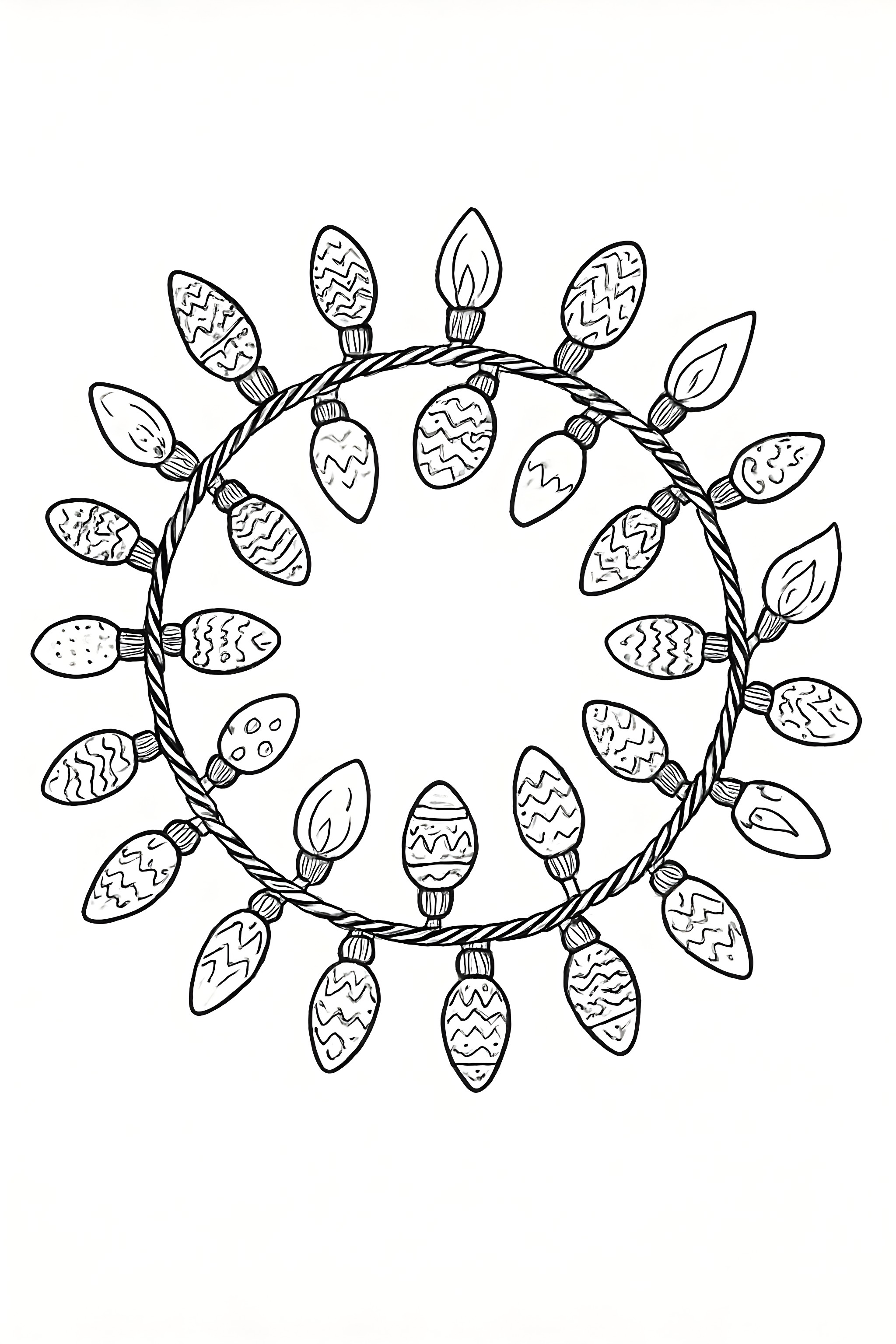 Coloring page of a circular arrangement of decorative Christmas lights with varying patterns and shapes