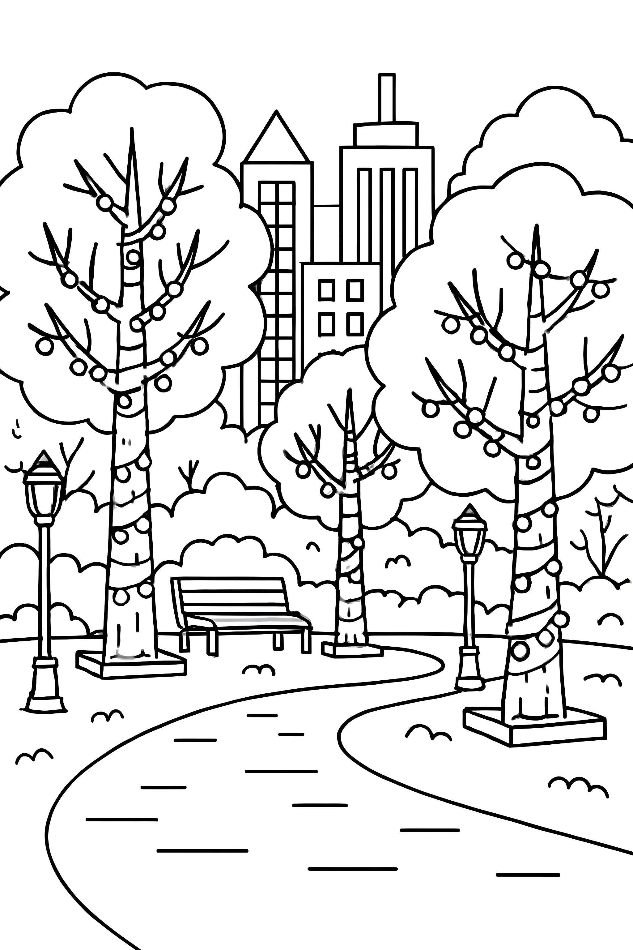 Coloring page of a city park featuring trees wrapped in holiday lights with buildings in the background