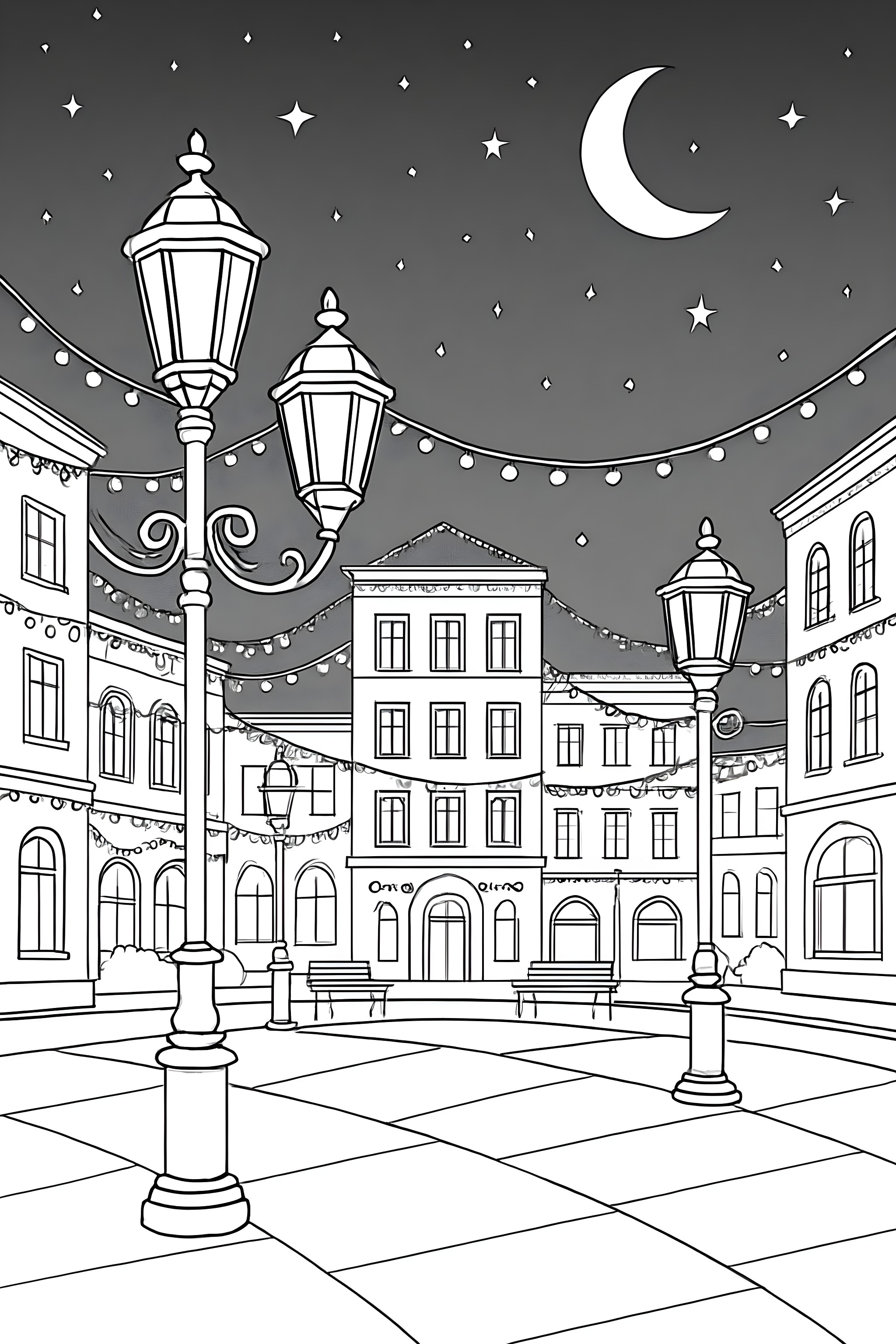 A city square featuring street lamps and buildings adorned with lights under a night sky