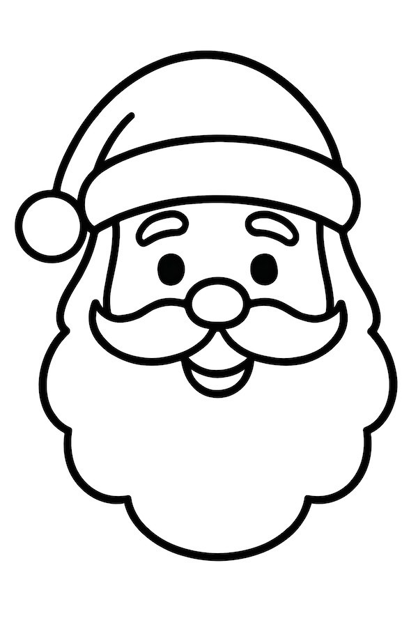 Coloring page of a classic Santa face featuring a big smile, fluffy beard, and a Santa hat with a pom-pom