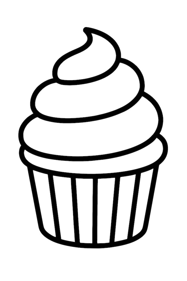Coloring page of a classic vanilla cupcake topped with a swirl of pink frosting, featuring a ribbed cupcake liner