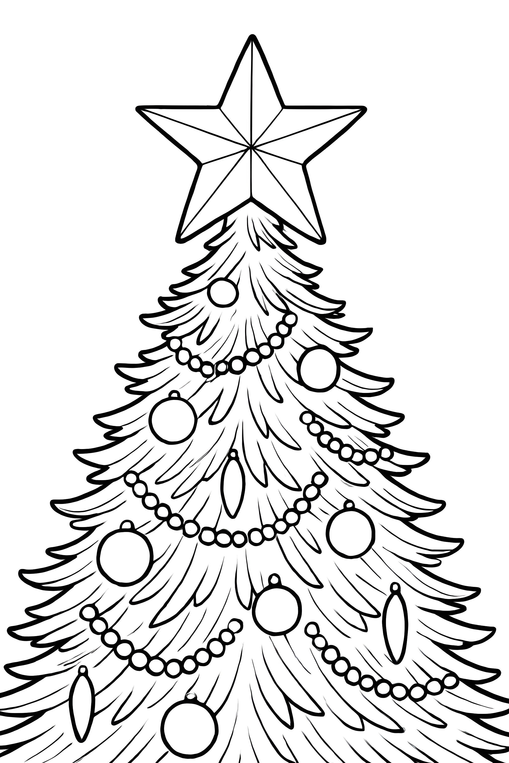 Coloring page featuring a close-up of a Christmas tree's top half with a star and decorations