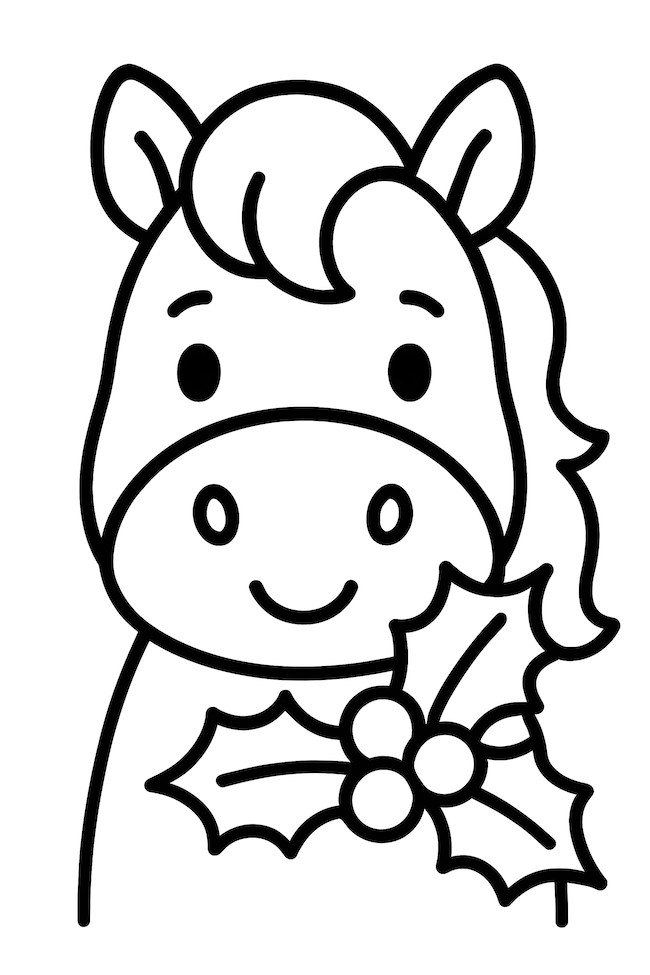 Horse's face adorned with decorative Christmas holly featuring berries and leaves