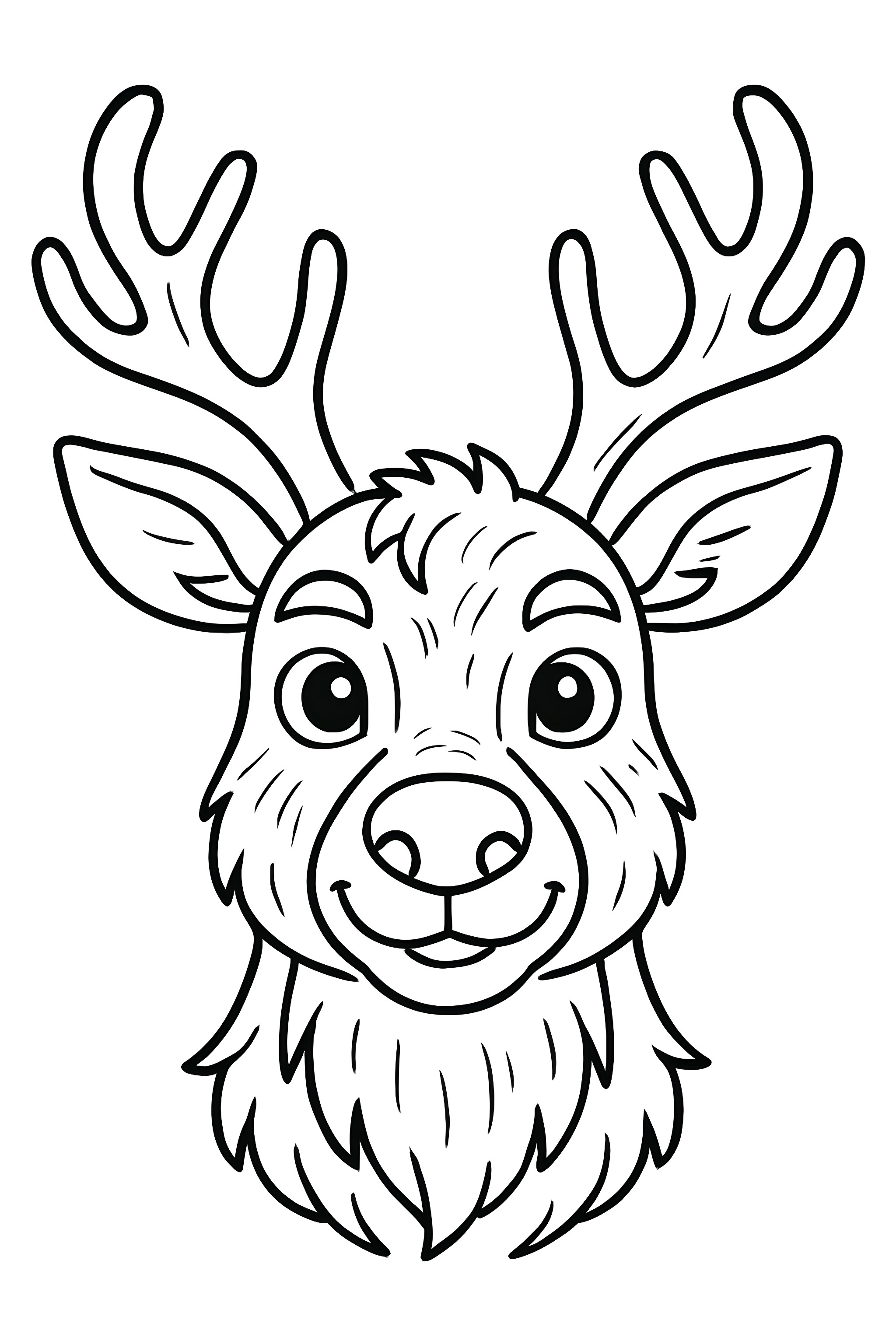 Coloring page featuring a close-up of a reindeer's face, showcasing detailed antlers and a fluffy mane