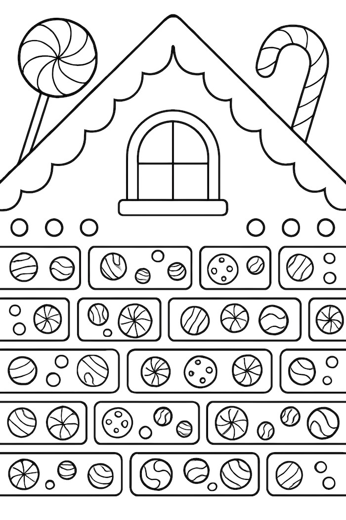 Coloring page of a gingerbread house wall featuring patterned candy bricks, a window, and lollipop decorations