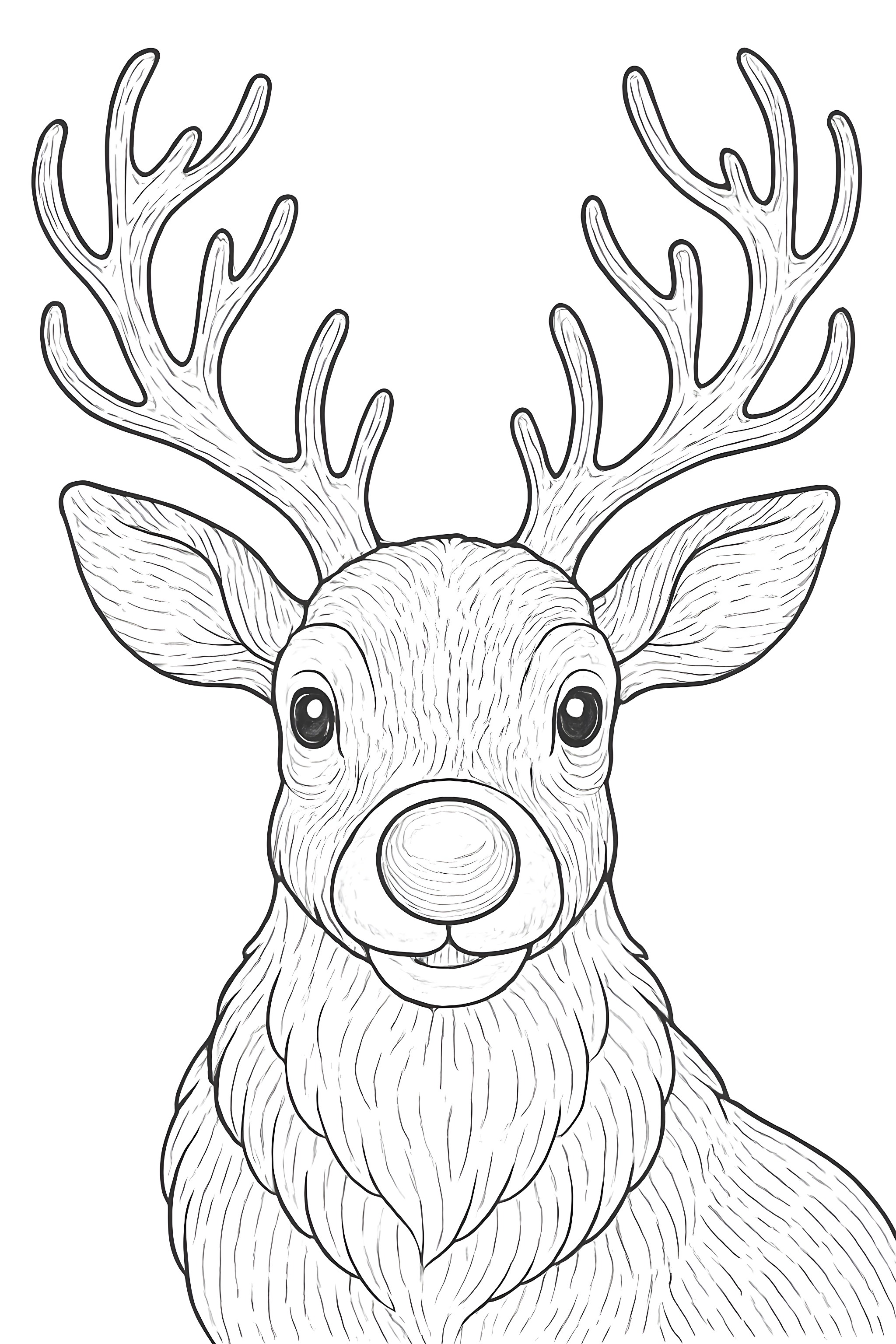 A close-up of a reindeer with large antlers, detailed fur textures, and a prominent nose