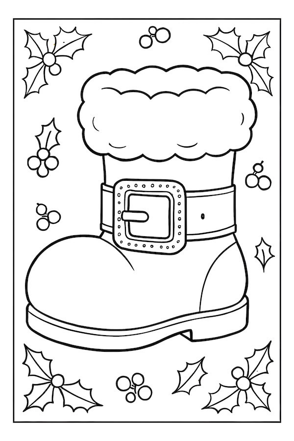 Close-up of Santa's boot featuring a fluffy cuff and a decorative buckle surrounded by holly and berries