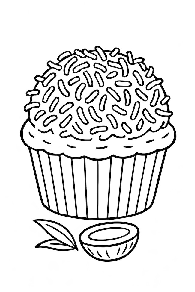 Coloring page of a coconut cupcake topped with shredded coconut and a coconut half next to it