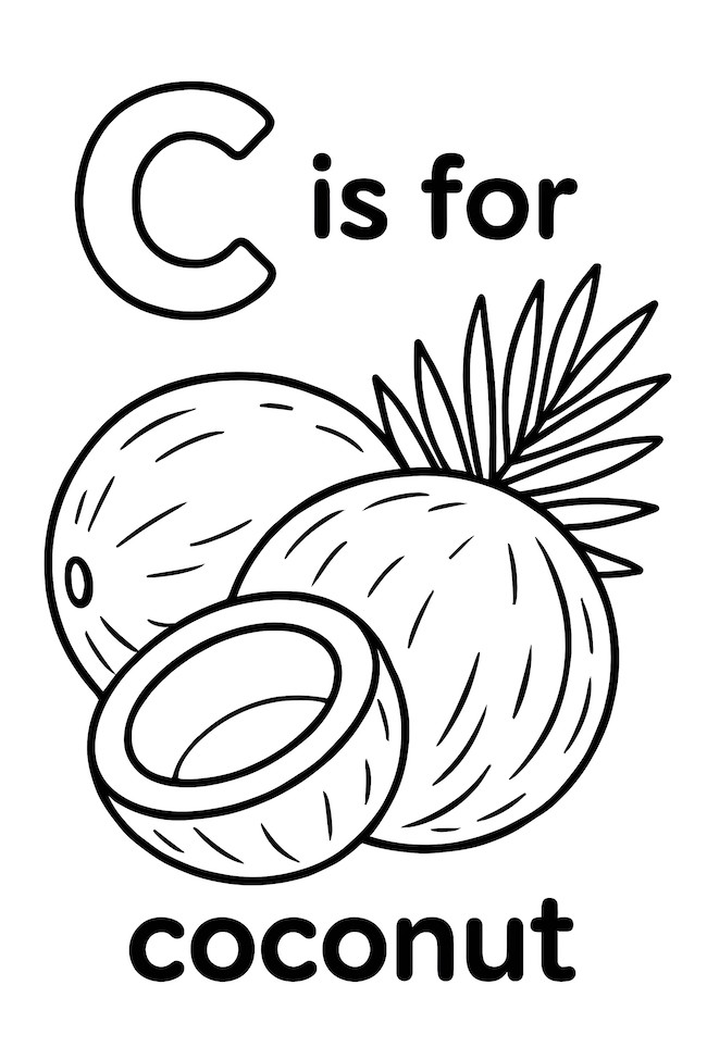 Coloring page featuring a letter C next to detailed illustrations of whole and halved coconuts with a palm frond