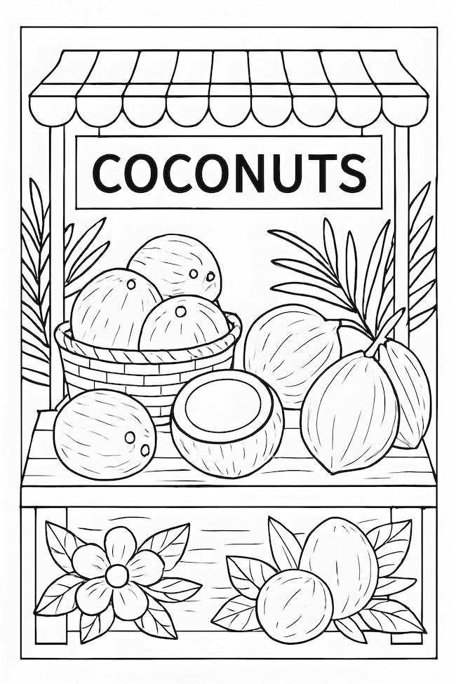 Market stall featuring a basket of coconuts, a cut coconut, and tropical leaves with a flower
