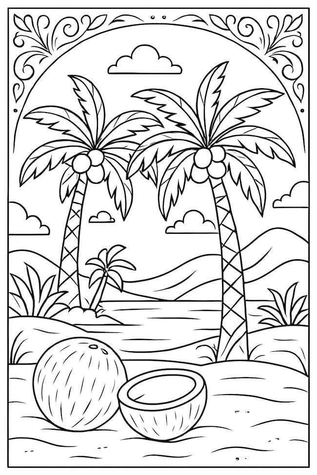 Coloring page of palm trees beside an oasis with coconuts and mountains in the background