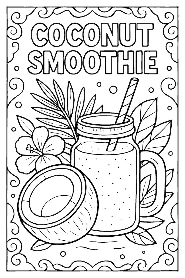 Coloring page featuring a coconut smoothie in a mason jar with a straw, surrounded by tropical leaves and a coconut shell