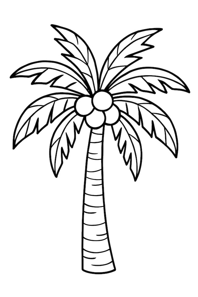 Coloring page of a coconut tree featuring a tall trunk and a crown of leaves with coconuts