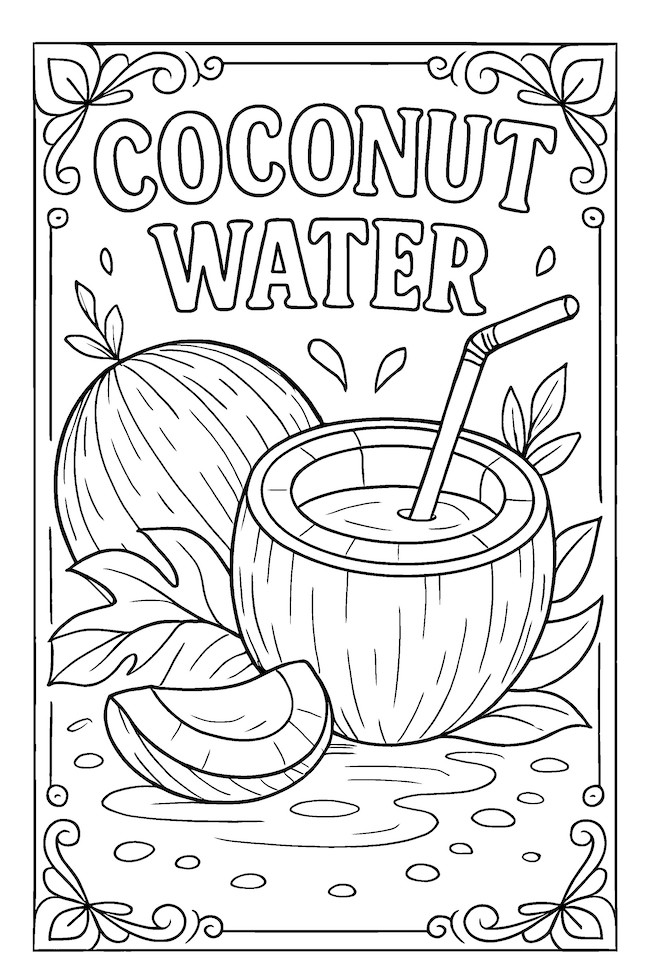 Coconut water illustration featuring a coconut cup with a straw, surrounded by coconut halves and tropical leaves