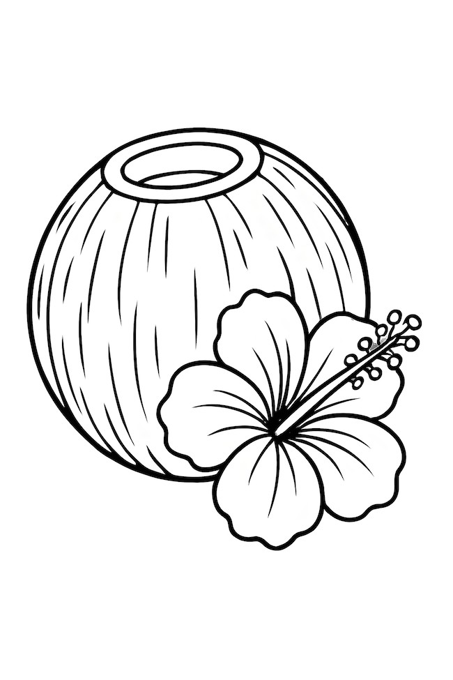 Coloring page of a coconut next to a tropical flower with detailed petals and a center stamen