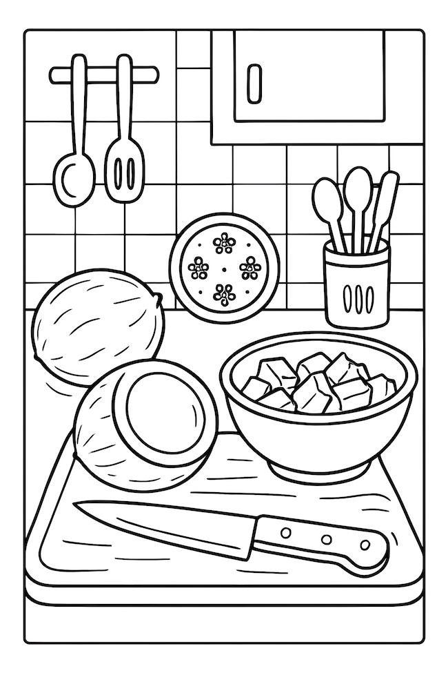 Coloring page depicting coconuts, a cutting board with coconut pieces, and kitchen utensils in a cozy kitchen setting