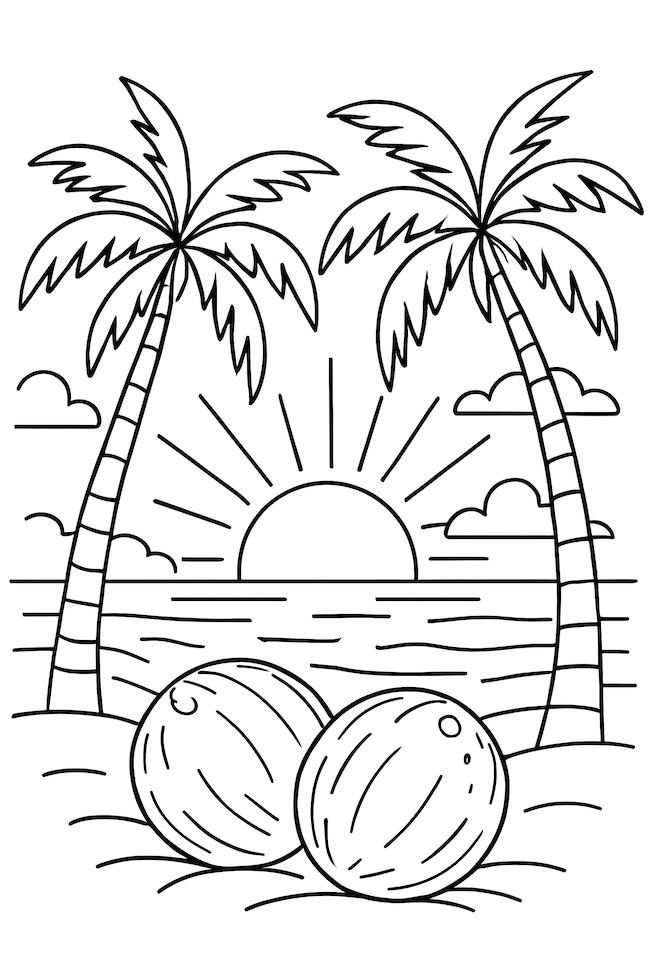 Coloring page of two coconuts in the foreground with palm trees and a sunset over the ocean in the background