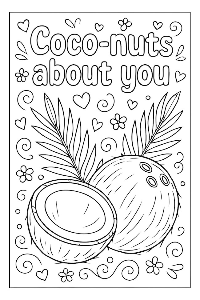 Coconuts with one halved and decorative leaves, hearts, and flowers surrounding them