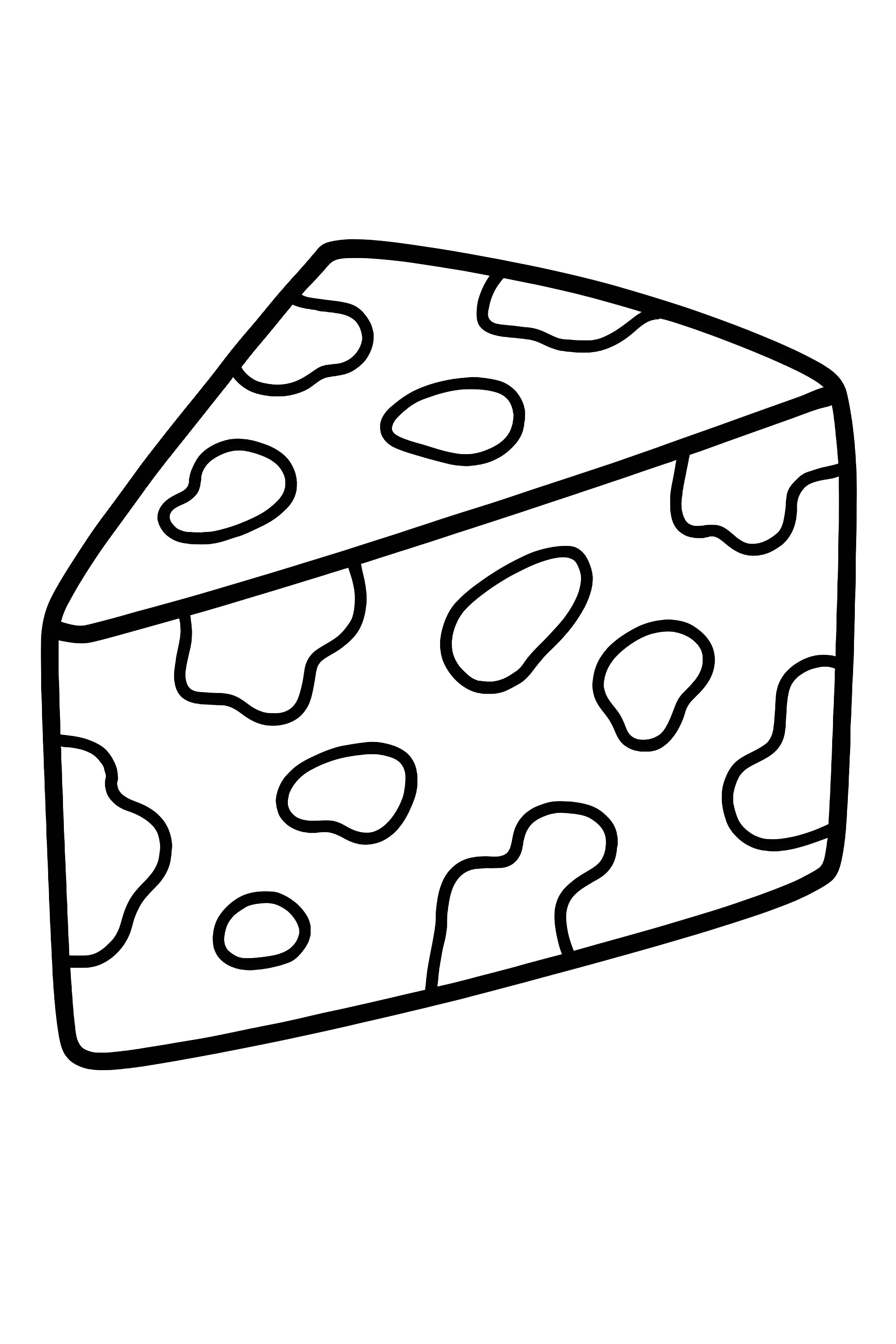 Coloring page of a wedge of colby jack cheese with distinct holes and a textured surface