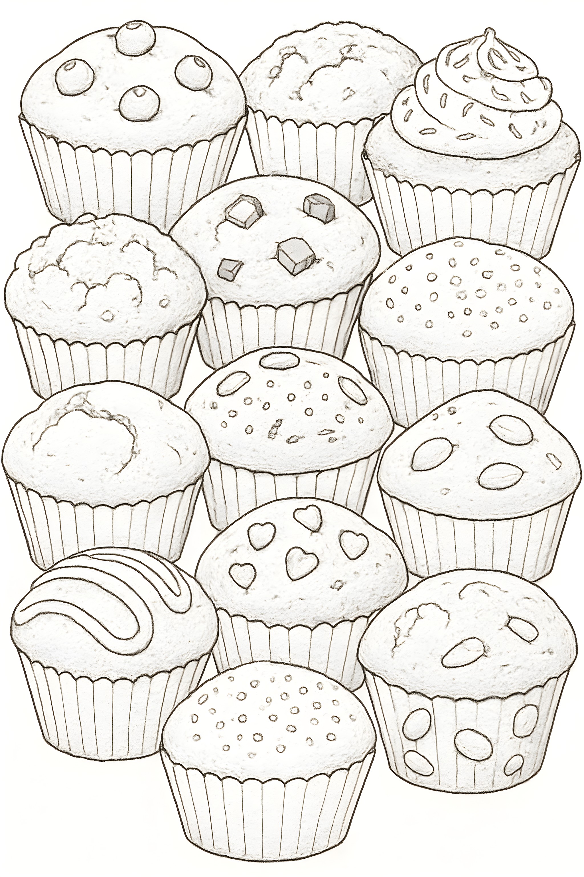 Coloring page featuring a variety of muffins with different shapes, flavors, and toppings, including sprinkles and chocolate chunks.