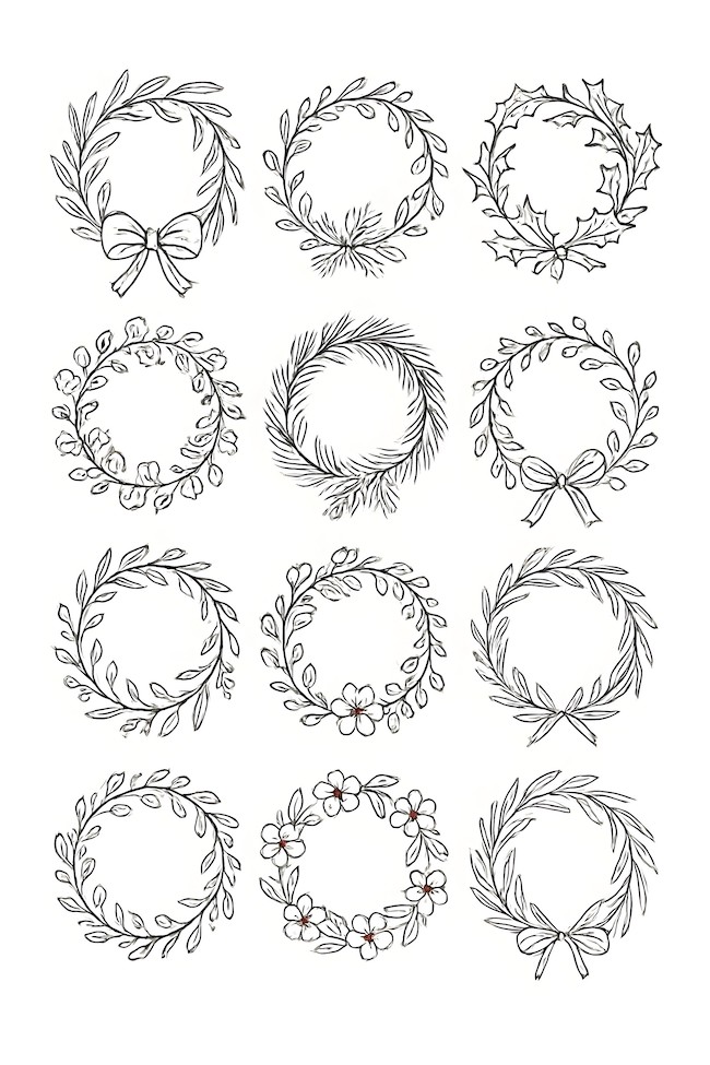 Coloring page showcasing a collection of twelve unique wreaths with varied decorations, including bows, flowers, and leaves