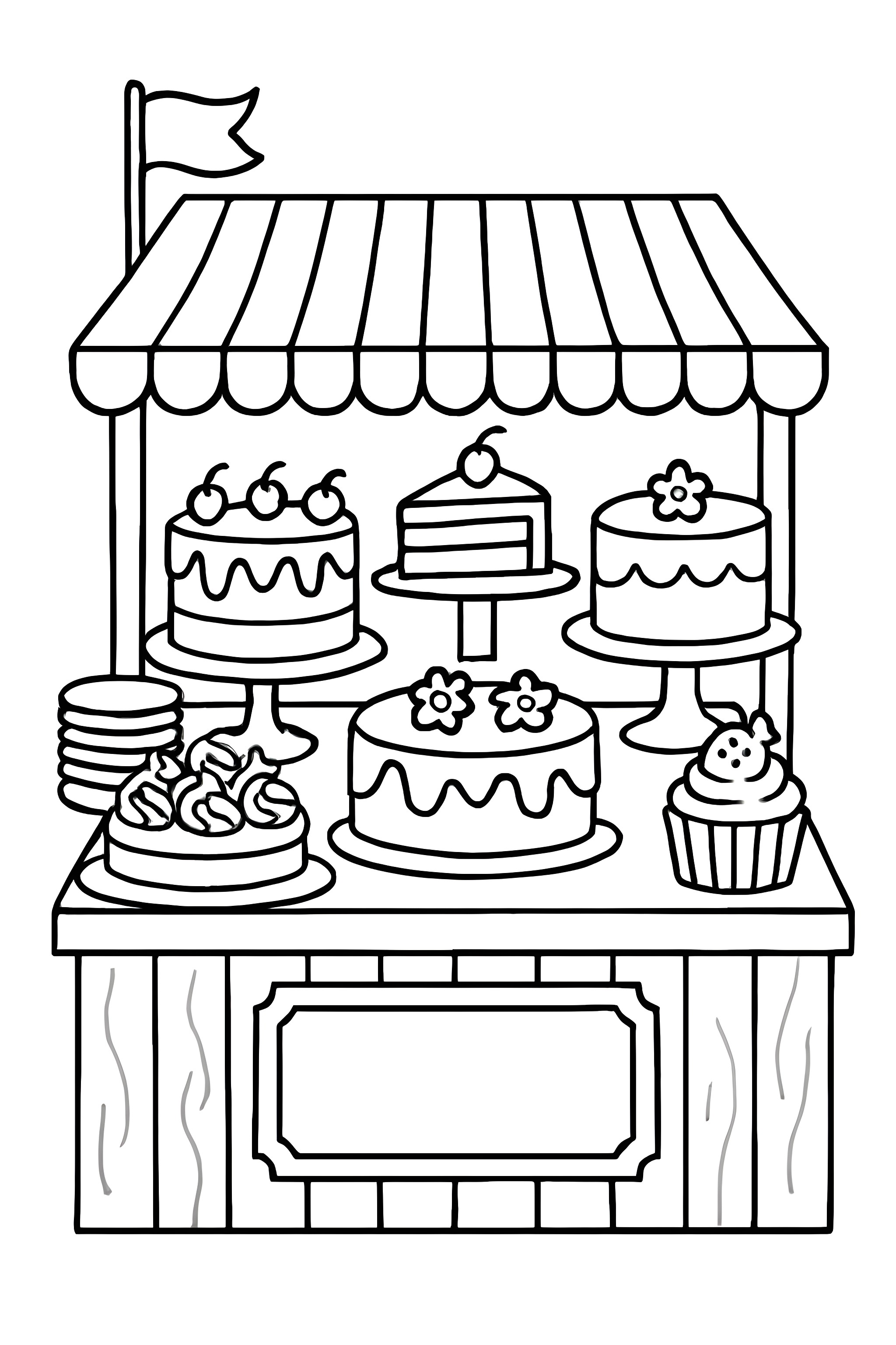 Coloring page of a market stall selling various colorful cakes, including tiered cakes and cupcakes, with a striped awning and decorative flags