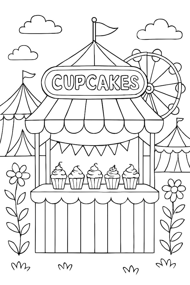 Coloring page of a carnival cupcake stand featuring multiple cupcakes, flowers, and a ferris wheel