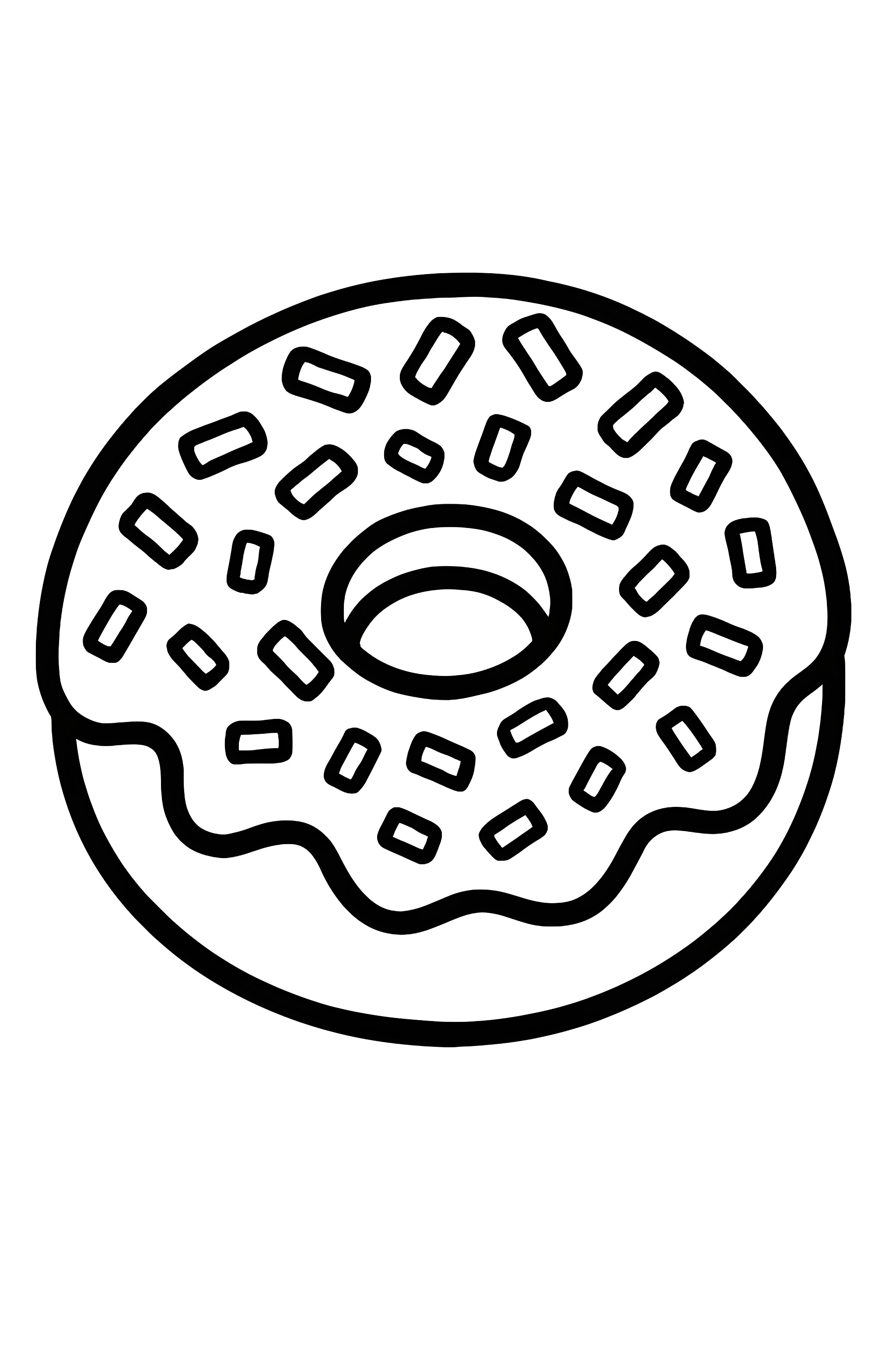 Coloring page of a mini donut with colorful icing and sugar crystals on top, featuring a round shape and a hole in the center.