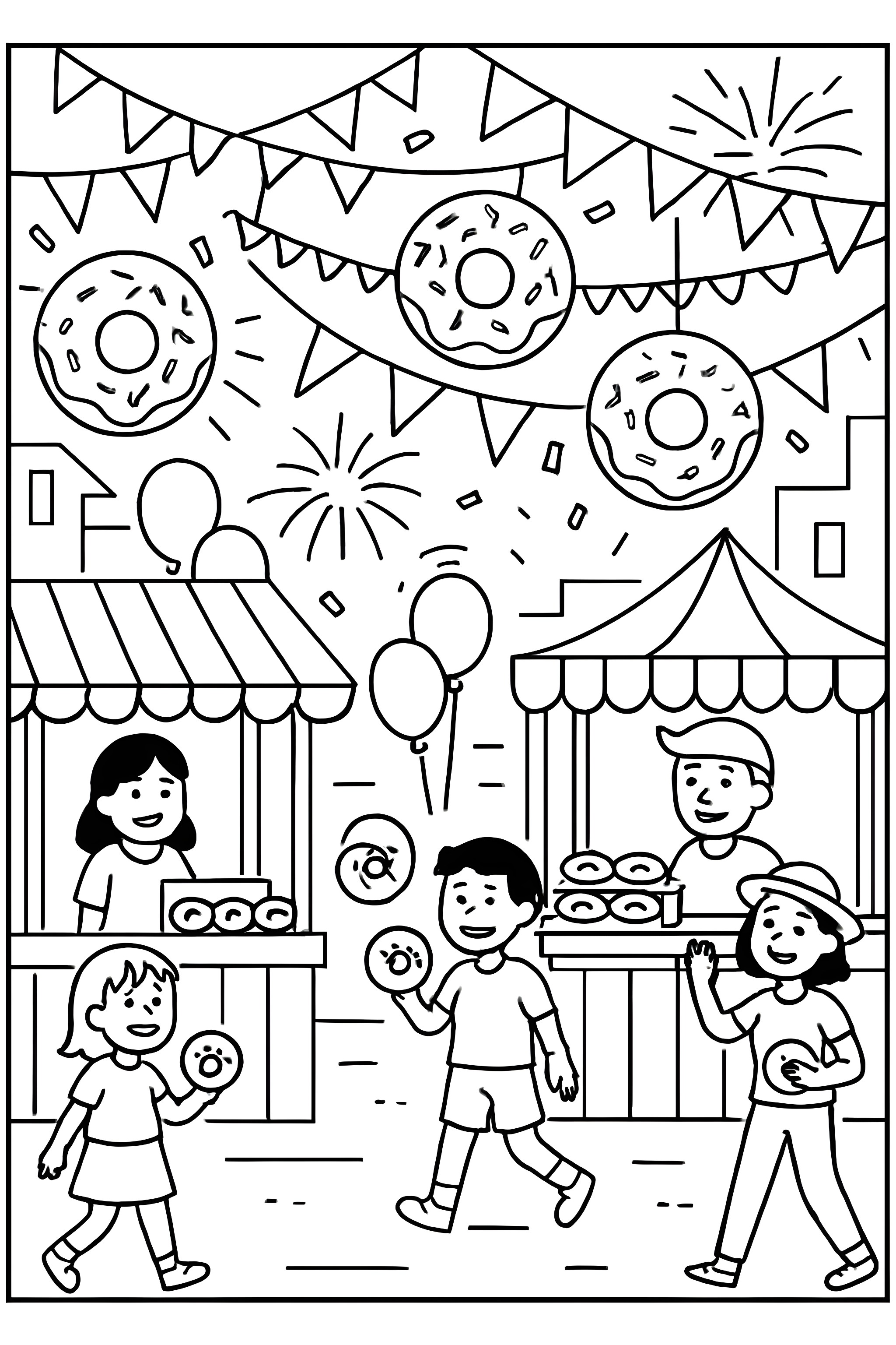 Coloring page featuring a vibrant street festival scene with donut stalls, festive decorations, and children holding donuts