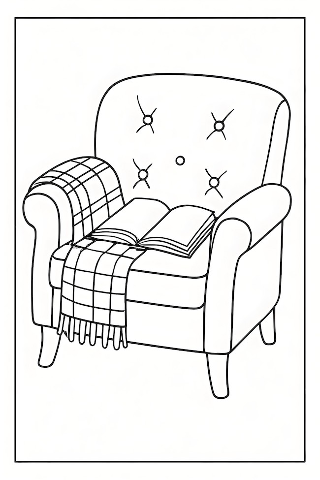 Coloring page of a comfy armchair draped with a plaid blanket and an open book resting on the seat