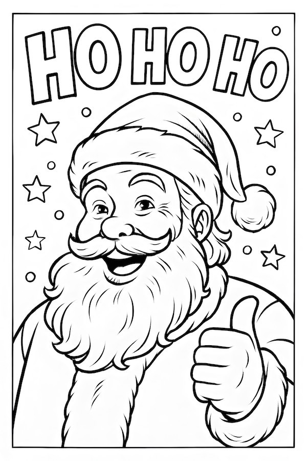Santa Claus with a big smile and thumbs up, surrounded by stars and the text 'Ho Ho Ho'