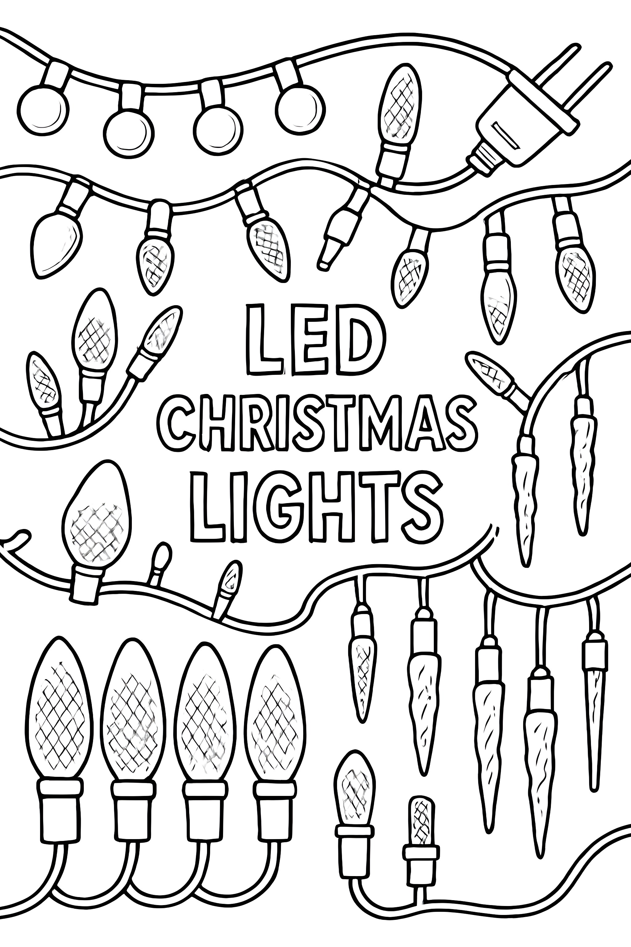 Various designs of LED Christmas lights, including bulb styles and icicle lights with the text 'LED Christmas Lights' prominently displayed