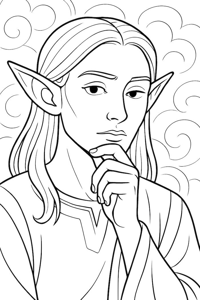 Elf stroking chin with long hair and pointed ears in a whimsical cloud background
