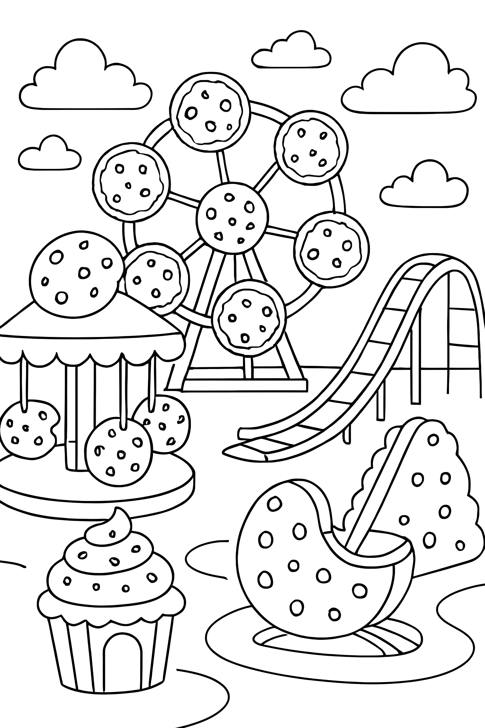 Coloring page of a cookie-themed carnival featuring a Ferris wheel, roller coaster, cookie carousel, cupcake, and cookie-shaped attractions under a cloudy sky