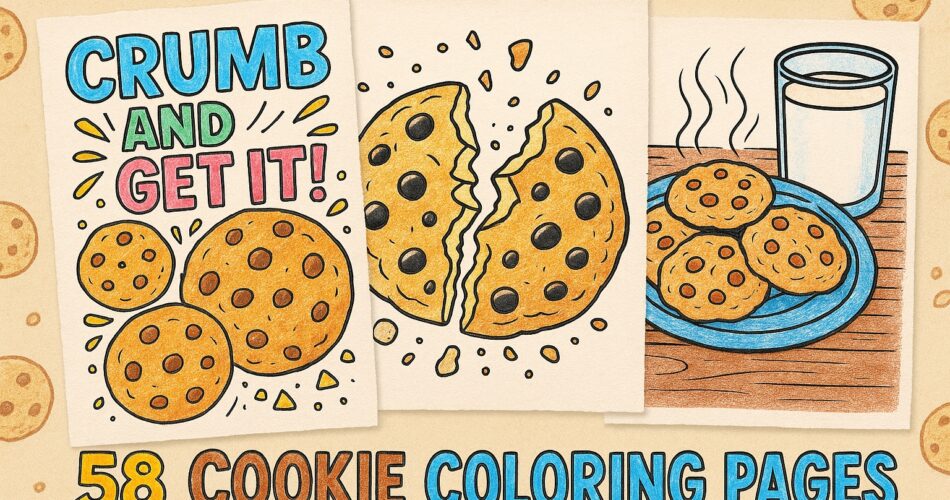 featured image for free cookie coloring pages featuring illustrated chocolate chip cookies, a broken cookie, a plate of cookies with milk, and bold text that says 'Crumb and Get It!'